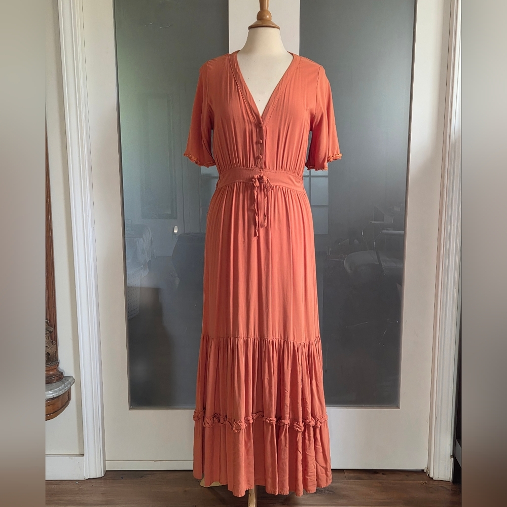 Women’s Maxi Dress in Terracotta Peach - V-Neck Drawstring Waist